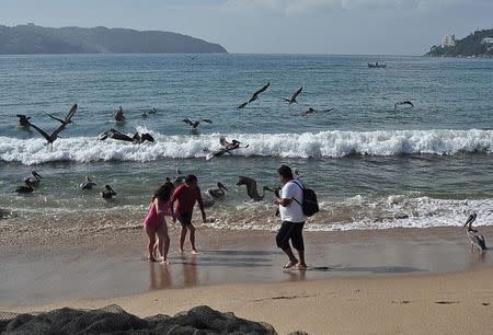 Tourists walk on the beach in Acapulco as Hurricane Odile churns far off shore September 14, 2014. REUTERS/Claudio Vargas