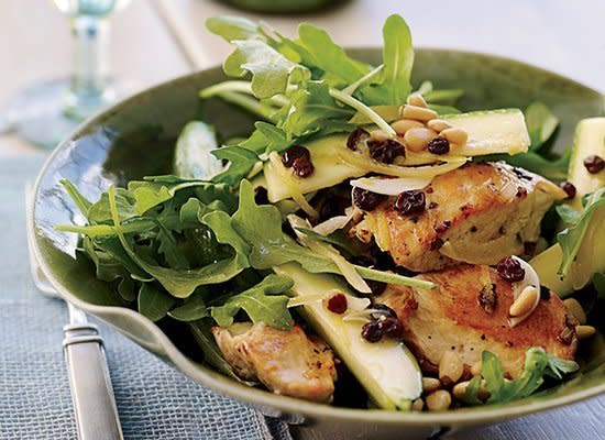 <strong>Get the <a href="http://www.huffingtonpost.com/2011/10/27/chicken-salad-with-zucchi_n_1058297.html" target="_hplink">Chicken Salad with Zucchini, Lemon and Pine Nuts recipe</a></strong>