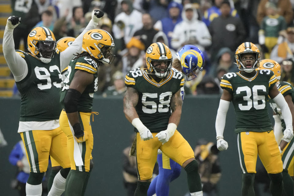 Green Bay Packers linebacker Isaiah McDuffie (58) celebrates after a stop on third down during the second half of an NFL football game against the Los Angeles Rams, Sunday, Nov. 5, 2023, in Green Bay, Wis. (AP Photo/Morry Gash)