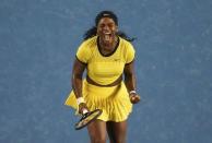 Serena Williams of the U.S. reacts during her final match against Germany's Angelique Kerber at the Australian Open tennis tournament at Melbourne Park, Australia, January 30, 2016. REUTERS/Jason Reed