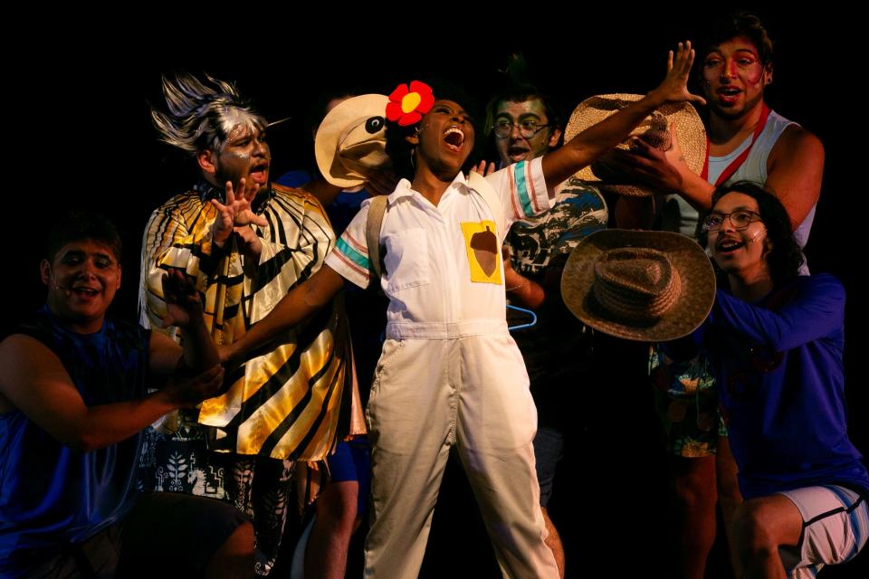 Elizabeth "Liz" Enriquez, who plays Sandy Cheeks, sings "Bikini Bottom Day" during a dress rehearsal of "The SpongeBob Musical" at Harbor Playhouse Wednesday, Sept. 20, 2023.