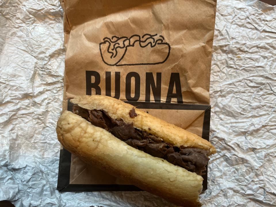 A Buona sandwich on a Buona bag.