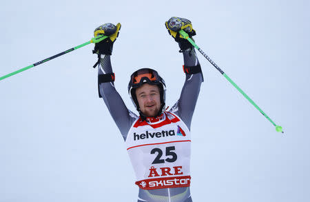 Alpine Skiing - FIS Alpine World Ski Championships - Men's Giant Slalom - Are, Sweden - February 15, 2019 - Norway’s Rasmus Windingstad reacts. REUTERS/Leonhard Foeger