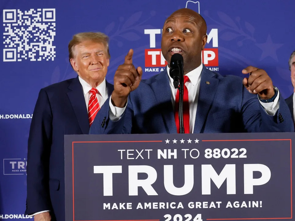 Scott on stage with Trump in Laconia, New Hampshire on January 22, 2024.