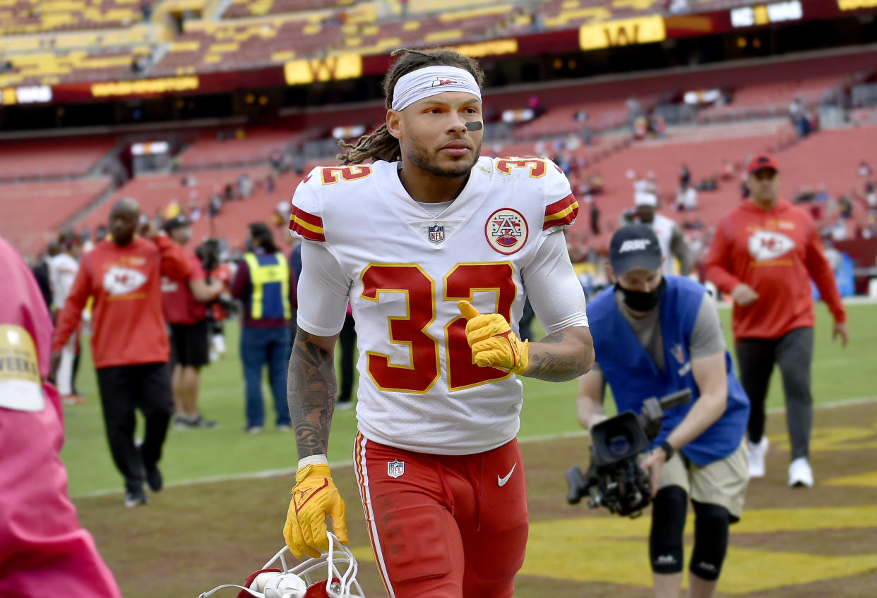 LANDOVER, MD - OCTOBER 17: Chiefs safety Tyrann Mathieu (32) walks off the field after the Kansas City Chiefs versus Washington Football Team National Football League game at FedEx Field on October 17, 2021 in Landover, MD. (Photo by Randy Litzinger/Icon Sportswire via Getty Images)