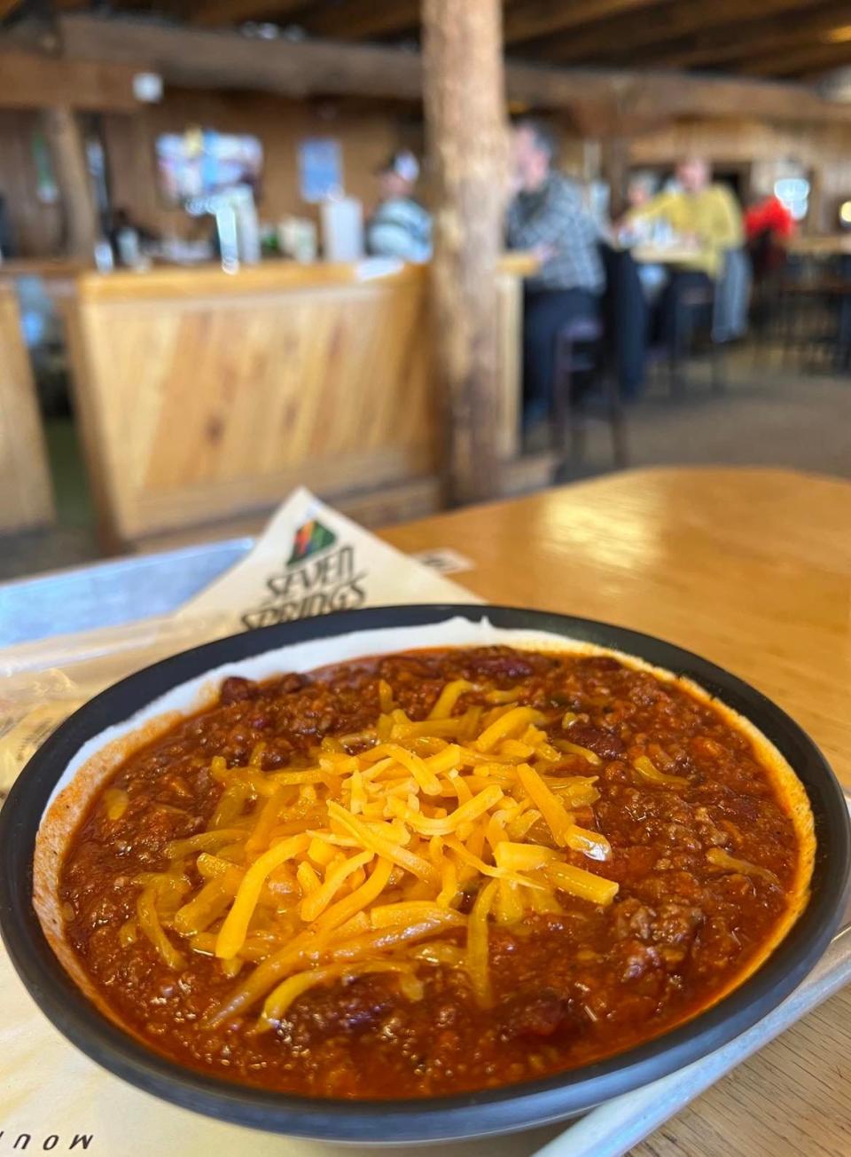 Comfort food is a highlight of wintertime, including chili like this served at the Foggy Goggle restaurant and bar at Seven Springs Mountain Resort in Pennsylvania.