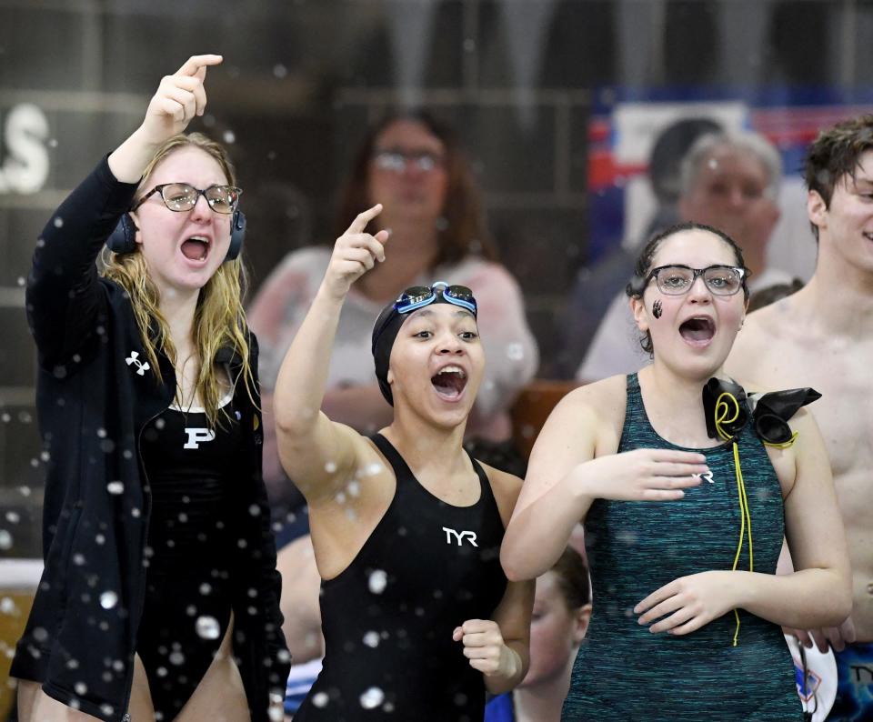 Perry girls cheer team during the 2024 DI Canton Sectional Swimming at C.T. Branin Natatorium in Canton. Saturday, February 10, 2024.