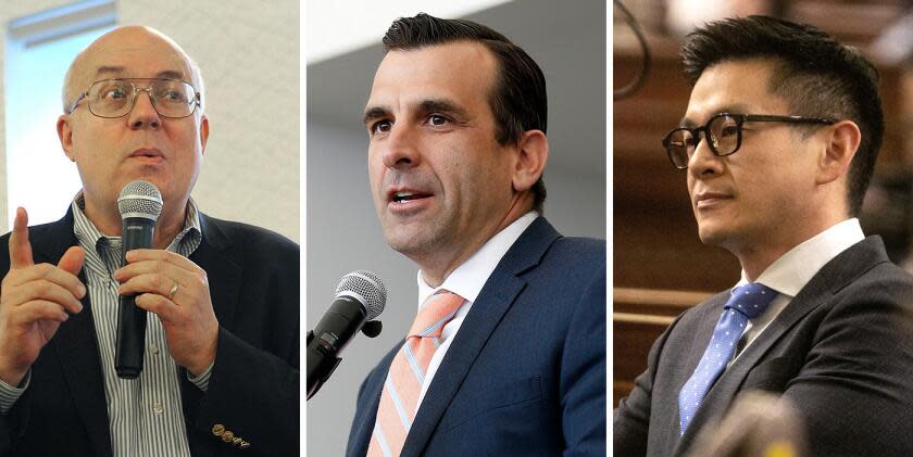 Santa Clara County Supervisor Joe Simitian, left, former San José Mayor Sam Liccardo and Assemblymember Evan Low are vying to fill California's 16th Congressional District seat. With a second-place tie, all three are currently headed to the November ballot. <span class="copyright">(Left: Brad Barket / Getty Images, middle: Tony Avelar/Invision /Associated Press, right: Jason Armond / Los Angeles Times)</span>