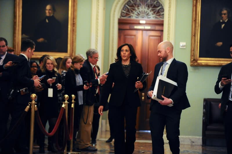 U.S. Senator Kamala Harris (D-CA) walks to the Senate floor for the start of the Senate impeachment trial of U.S. President Donald Trump in Washington