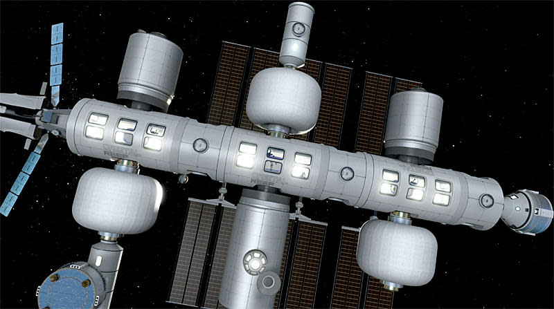 An artist's impression of the Orbital Reef space station with a Sierra Nevada Dream Chaser spaceplane docked at one end and a Boeing Starliner capsule berthed at the other. / Credit: Blue Origin