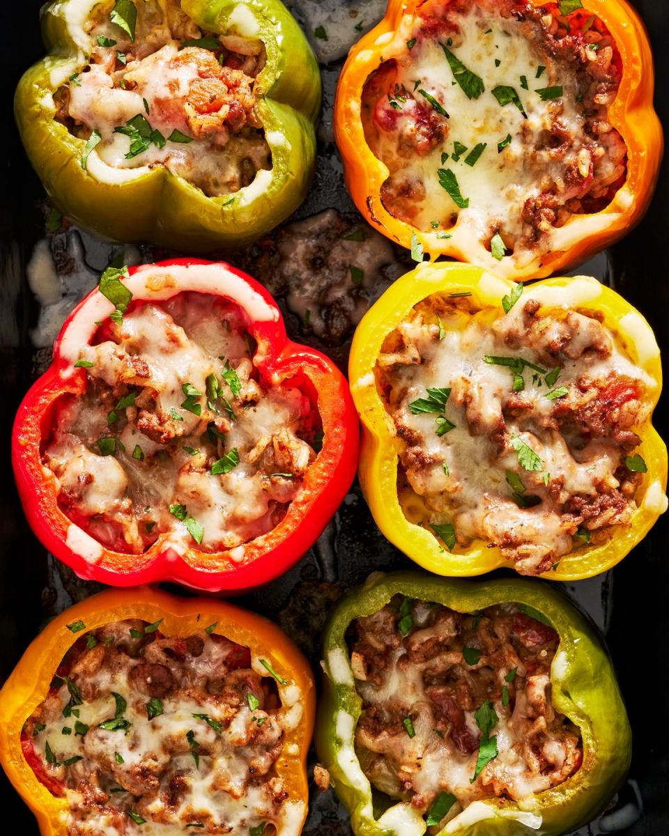 colorful stuffed peppers with ground beef and tomato rice