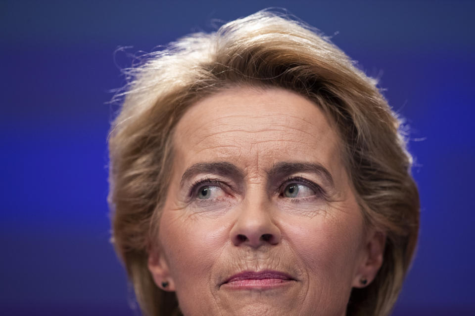 Incoming European Commission President Ursula von der Leyen listens to a question during a media conference at EU headquarters in Brussels, Tuesday, Sept. 10, 2019. Incoming European Commission President Ursula von der Leyen on Tuesday unveiled her team of candidates for the EU commission. (AP Photo/Francisco Seco)