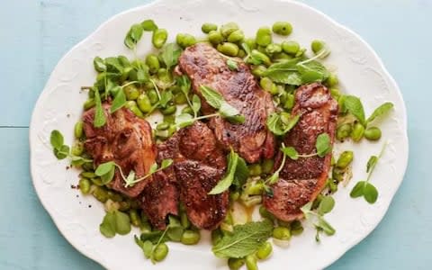 Lamb steak with broad beans shallot and mint