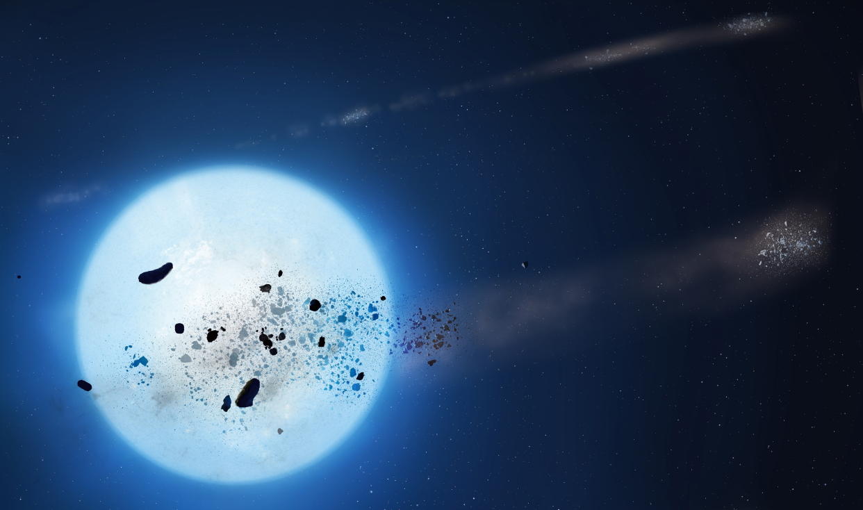 Debris from a disrupted planetesimal on an eccentric orbit around a white dwarf, with a moon and falling meteorite in space
