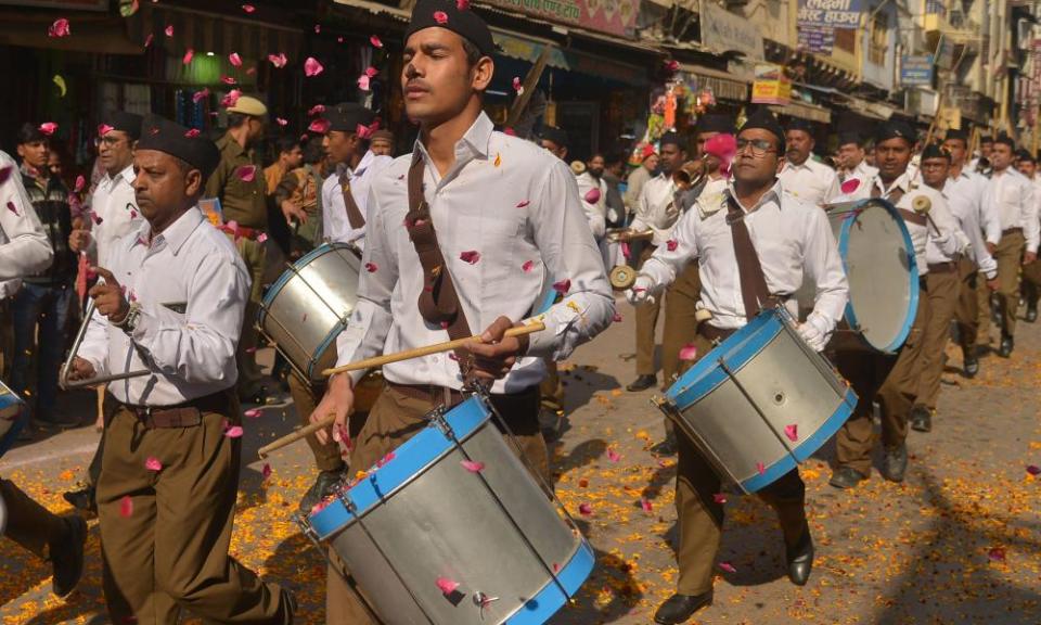 A march by the Rashtriya Swayamsevak Sangh (RSS). .