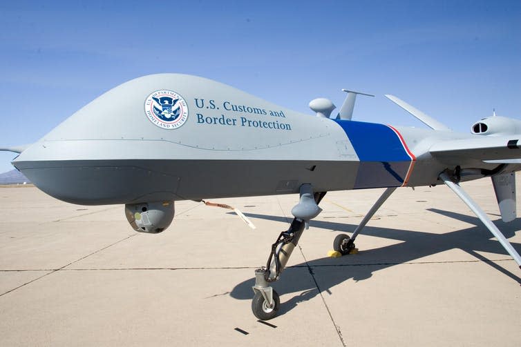 <span class="caption">Border drones in Ireland would be intrusive and offensive.</span> <span class="attribution"><a class="link " href="https://commons.wikimedia.org/wiki/File:CBP_Unmanned_aerial_vehicle.jpg" rel="nofollow noopener" target="_blank" data-ylk="slk:US Department of Homeland Security;elm:context_link;itc:0;sec:content-canvas">US Department of Homeland Security</a></span>