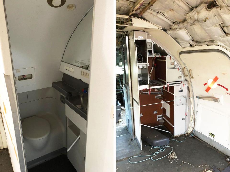 Front of plane bathroom and future kitchen diptych