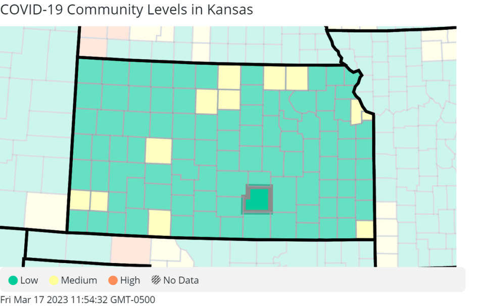 COVID-19 community levels in Kansas as of March 17, 2023, courtesy of the U.S. Centers for Disease Control and Prevention. The green are at low, while the yellow are at medium.