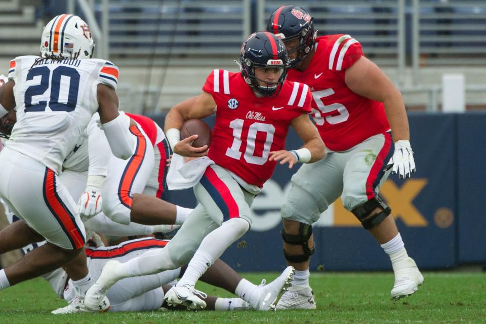 Once a four-star, dual-threat recruit, Ole Miss transfer John Rhys Plumlee (10) tossed four touchdowns in UCF's spring game.