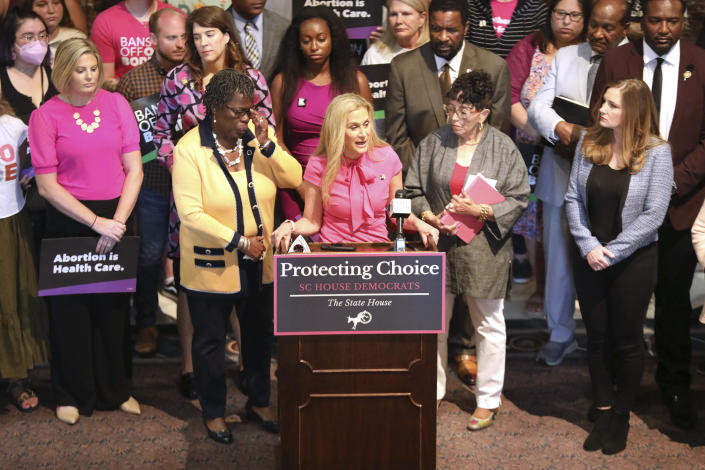 South Carolina Rep. Beth Bernstein, D-Columbia, speaks at a Statehouse lobby rally before the House begins debating an abortion bill on Tuesday, May 16, 2023, in Columbia, South Carolina. (AP Photo/Jeffrey Collins)