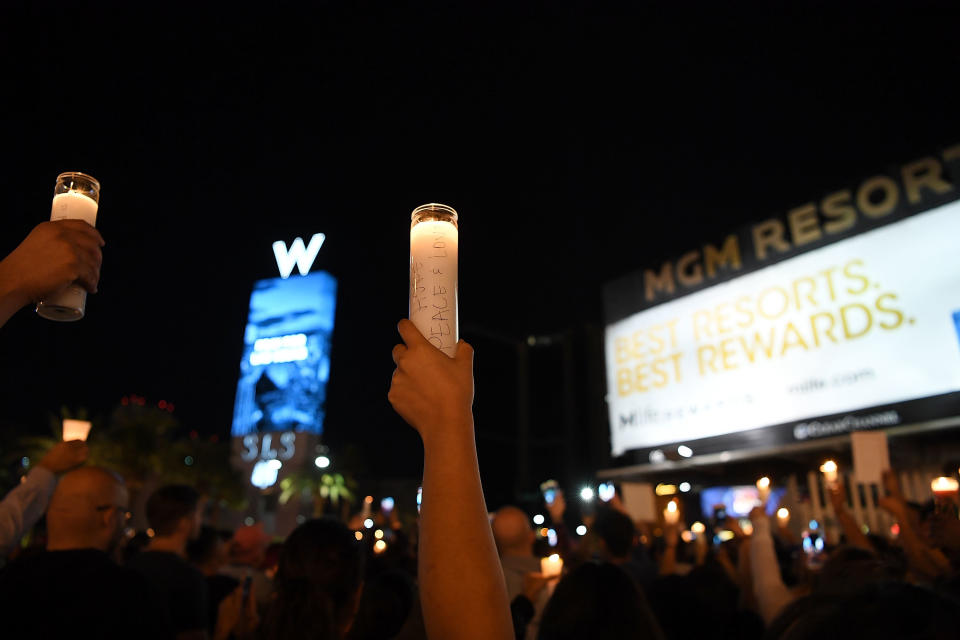 A vigil on the Las Vegas Strip for the victims of the Route 91 Harvest country music festival shootings. (Photo: Denise Truscello via Getty Images)