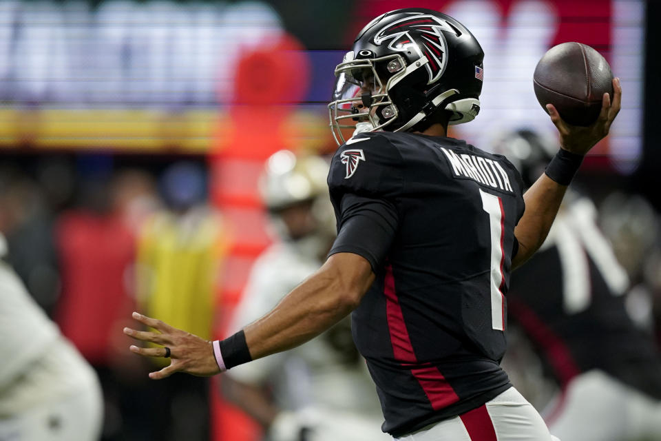 Atlanta Falcons quarterback Marcus Mariota (1) passes against the New Orleans Saints during the second half of an NFL football game, Sunday, Sept. 11, 2022, in Atlanta. (AP Photo/Brynn Anderson)