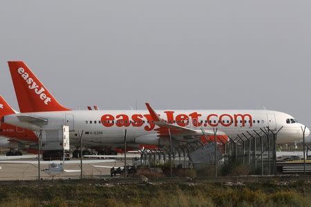 Aircraft of British carrier easyJet parked on the apron at Larnaca airport, Cyprus November 7, 2015. REUTERS/Yiannis Kourtoglou