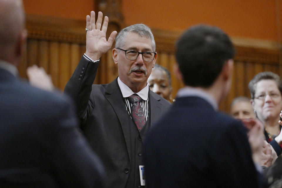 State Rep. Bill Heffernan, D-West Haven, waves as he is introduced during opening session at the State Capitol, Wednesday, Feb. 7, 2024, in Hartford, Conn. (AP Photo/Jessica Hill)