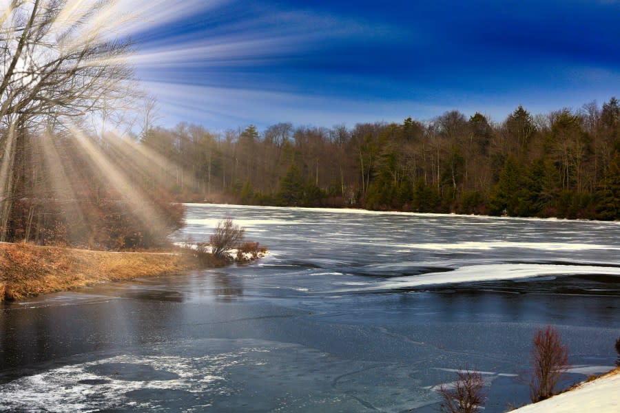 Scenic view of river against sky during winter,Ricketts Glen State Park,United States,USA