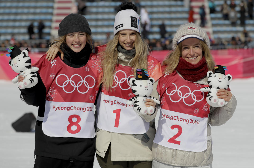 Austria’s Anna Gasser, America’s Jamie Anderson and New Zealand’s Zoi Sadowski Synnott celebrate their medals in ladies’ big air at the 2018 Winter Olympics in PyeongChang, South Korea. (AP)
