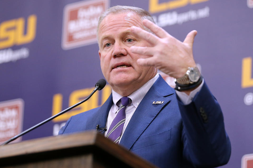 Brian Kelly speaks after being introduced as the football coach of the LSU Tigers during a press conference in December (Jonathan Bachman / Getty Images)