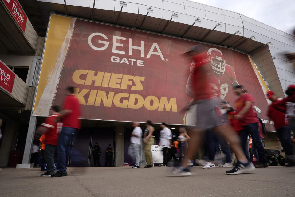 FILE - Fans enter Arrowhead Stadium before the start of an NFL football game between the Kansas City Chiefs and the Las Vegas Raiders Monday, Oct. 10, 2022, in Kansas City, Mo. Missouri's professional sports teams announced Friday, Jan. 12, 2024, that they have launched an initiative petition drive to put the legalization of sports betting on the November ballot. (AP Photo/Charlie Riedel, File)