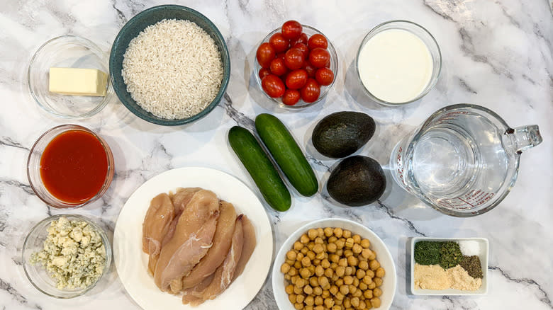 ingredients for chicken and vegetable rice bowl