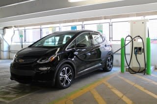 2017 Chevrolet Bolt EV electric car at EVgo fast-charging station, Newport Centre, Jersey City, NJ