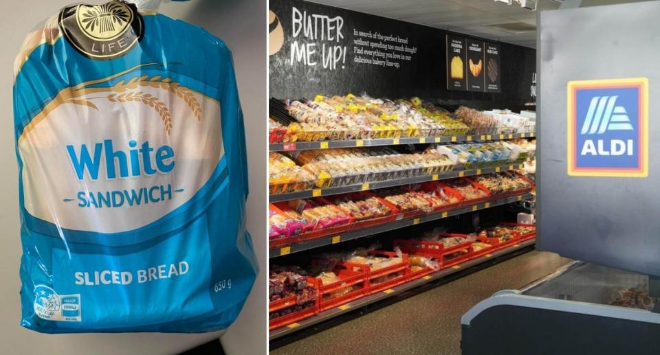 Facebook photos of Baker's Life bread loaf from Aldi and inside the supermarket. 