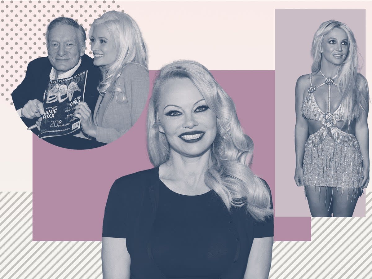 Holly Madison, top left, with Hugh Hefner, Anderson centre, and Spears, right, have all led lives exemplified by the Faustian bargain entered by women made famous for their looks (Getty/iStock)