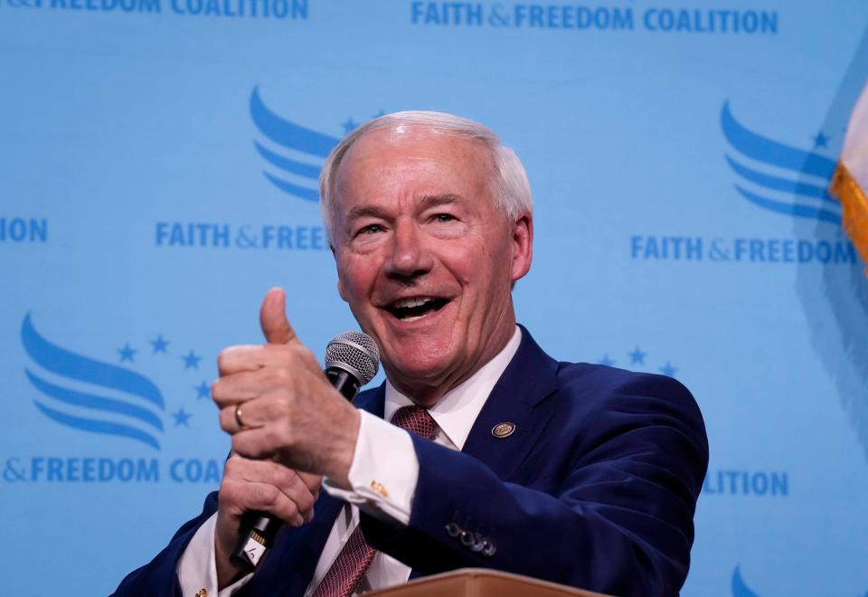 Republican presidential candidate and former Arkansas Gov. Asa Hutchinson speaks at the Iowa Faith & Freedom Coalition's fall banquet, Saturday, Sept. 16, 2023, in Des Moines, Iowa. (AP Photo/Bryon Houlgrave)