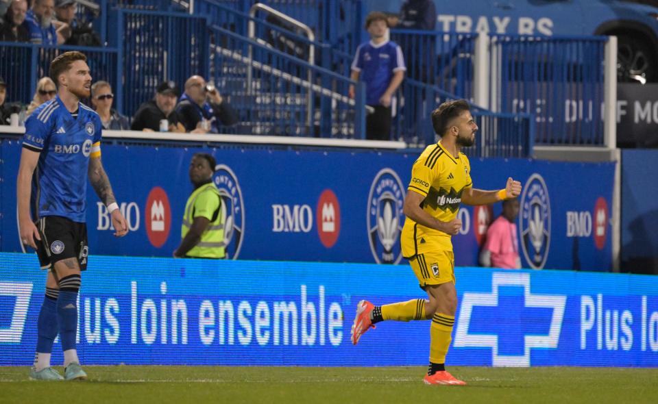 May 15, 2024; Montreal, Quebec, CAN; Columbus Crew forward Diego Rossi (10) celebrates after scoring during the second half against CF Montreal at Stade Saputo. Mandatory Credit: Eric Bolte-USA TODAY Sports