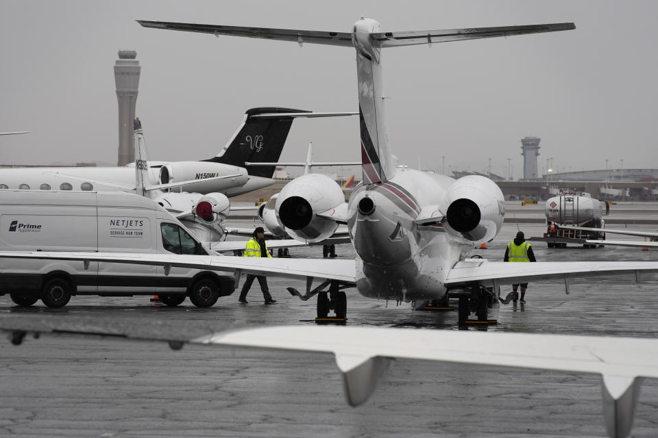 Planes are parked at a private jet terminal at Harry Reid International Airport ahead of the Super Bowl, Thursday, Feb. 1, 2024, in Las Vegas. Places to leave private aircraft at airports in and around Las Vegas has been spoken for, airport and Federal Aviation Administration officials said Thursday, Feb. 1, 2024. Just over a week remains before the Kansas City Chiefs and the San Francisco 49ers face off in the NFL championship game.(AP Photo/John Locher)