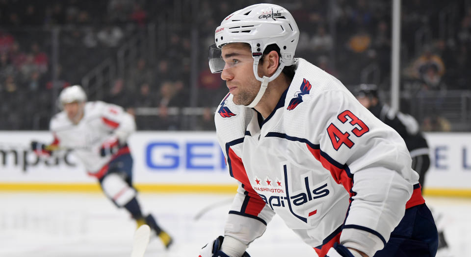 LOS ANGELES, CALIFORNIA - DECEMBER 04:  Tom Wilson #43 of the Washington Capitals forechecks during a 3-1 win over the Los Angeles Kings at Staples Center on December 04, 2019 in Los Angeles, California. (Photo by Harry How/Getty Images)