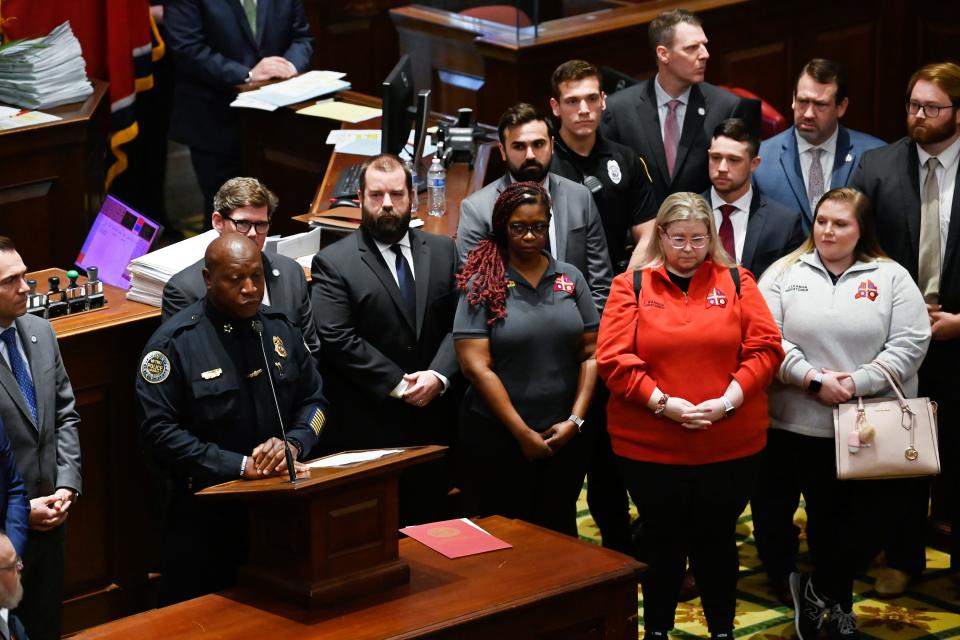 Metro Nashville Chief of Police John Drake speaks as emergency workers who responded to the Covenant School shooting are honored in the House of Representatives at the State Capitol in Nashville, Tenn., on Thursday, April 13, 2023.