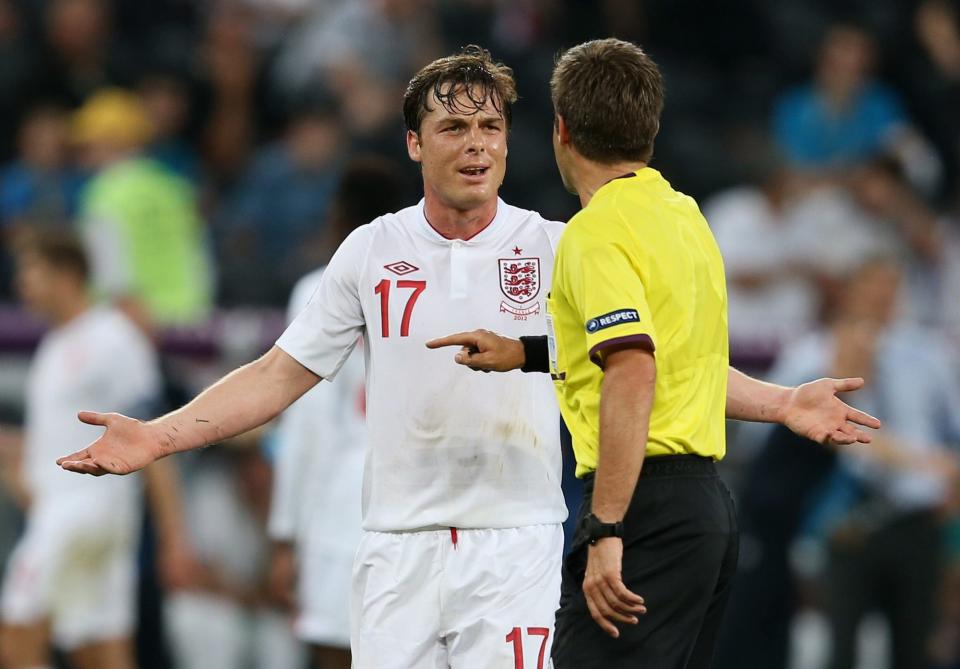 Scott Parker of England appeals to Referee Nicola Rizzoli during the UEFA EURO 2012 group D match between France and England at Donbass Arena on June 11, 2012 in Donetsk, Ukraine.