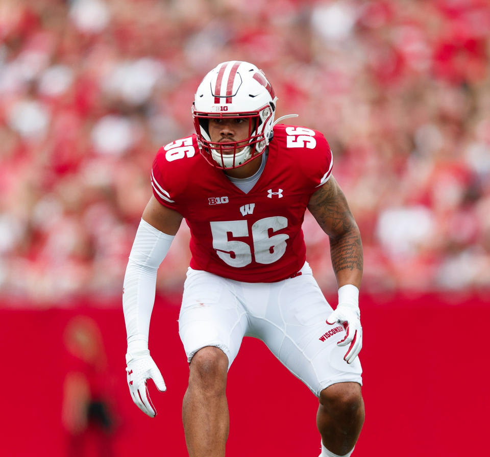 Sep 7, 2019; Madison, WI, USA; Wisconsin Badgers linebacker Zack Baun (56) during the game against the Central Michigan Chippewas at Camp Randall Stadium. Mandatory Credit: Jeff Hanisch-USA TODAY Sports