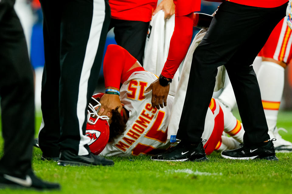 Quarterback Patrick Mahomes of the Kansas City Chiefs reacts after getting injured on a play during the second quarter against the Denver Broncos. (Getty Images)