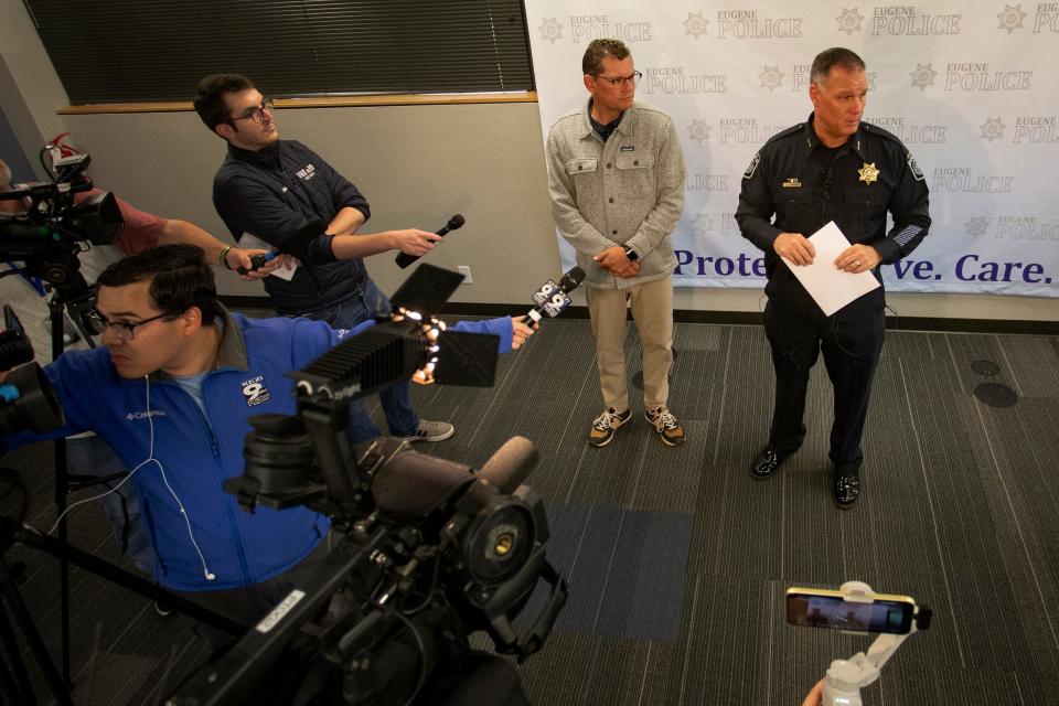 Eugene Police Chief Chris Skinner and Eugene School District Superintendent Andy Dey hold a press conference to discuss the identification of two suspects in the string of recent bomb threats at South Eugene High School.