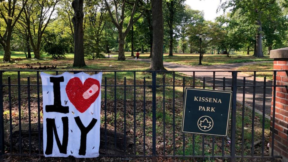<div>Knitted, I heart New York sign with bandaid, Kissena Park, Queens, New York. (Photo by: Lindsey Nicholson/Education Images/Universal Images Group via Getty Images)</div>