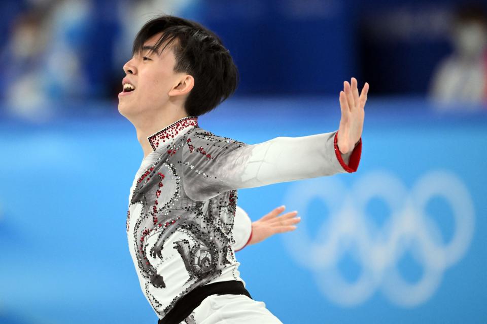 Team USA’s Vincent Zhou competes in the men’s single skating free skating of the figure skating team event during the Beijing 2022 Winter Olympic Games (AFP via Getty Images)