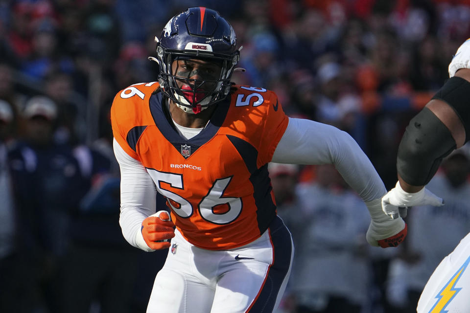 FILE - Denver Broncos linebacker Baron Browning (56) rushes during an NFL football game against the Los Angeles Chargers, Sunday, Jan. 8, 2023, in Denver. A new investment platform that allows fans to buy and sell shares in the future on-the-field earnings of college and professional athletes has received federal approval to begin trading in the U.S. stock market. Browning will headline Vestible Inc.'s initial offering the week of March 18. Vestible is entitled to 1% of Browning’s on-field income, which will be distributed to shareholders, for the remainder of his NFL playing career. (AP Photo/Bart Young, File)