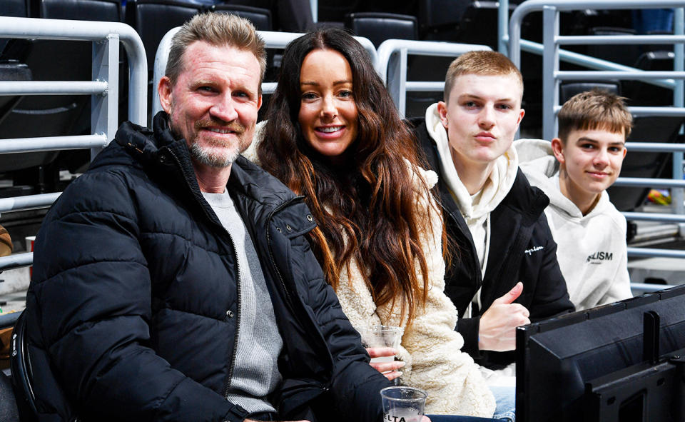 Nathan Buckley, pictured here with girlfriend Brodie Ryan and his sons Jett and Ayce.