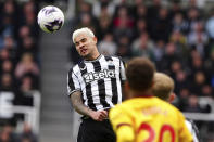 Newcastle United's Bruno Guimaraes heads the ball during the English Premier League soccer match between Newcastle United and Sheffield United at St. James' Park, Newcastle, England, Saturday, April 27, 2024. (Owen Humphreys/PA via AP)